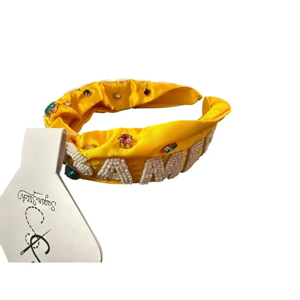 Embellished Yellow Headband with Game Day and colorful stones.
